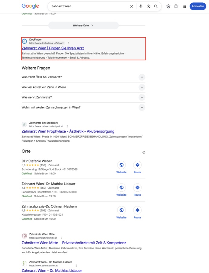 Google-Suchergebnisse für „Zahnarzt Wien“: organische Treffer und lokales Map-Pack, die Klicks gehen an die ersten Positionen