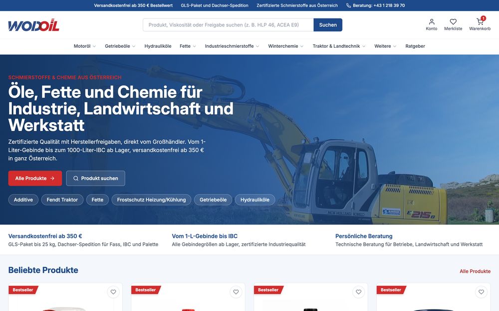 Webdesign-Projekt wodoil.at, Onlineshop für Öle und Schmierstoffe: Startseite